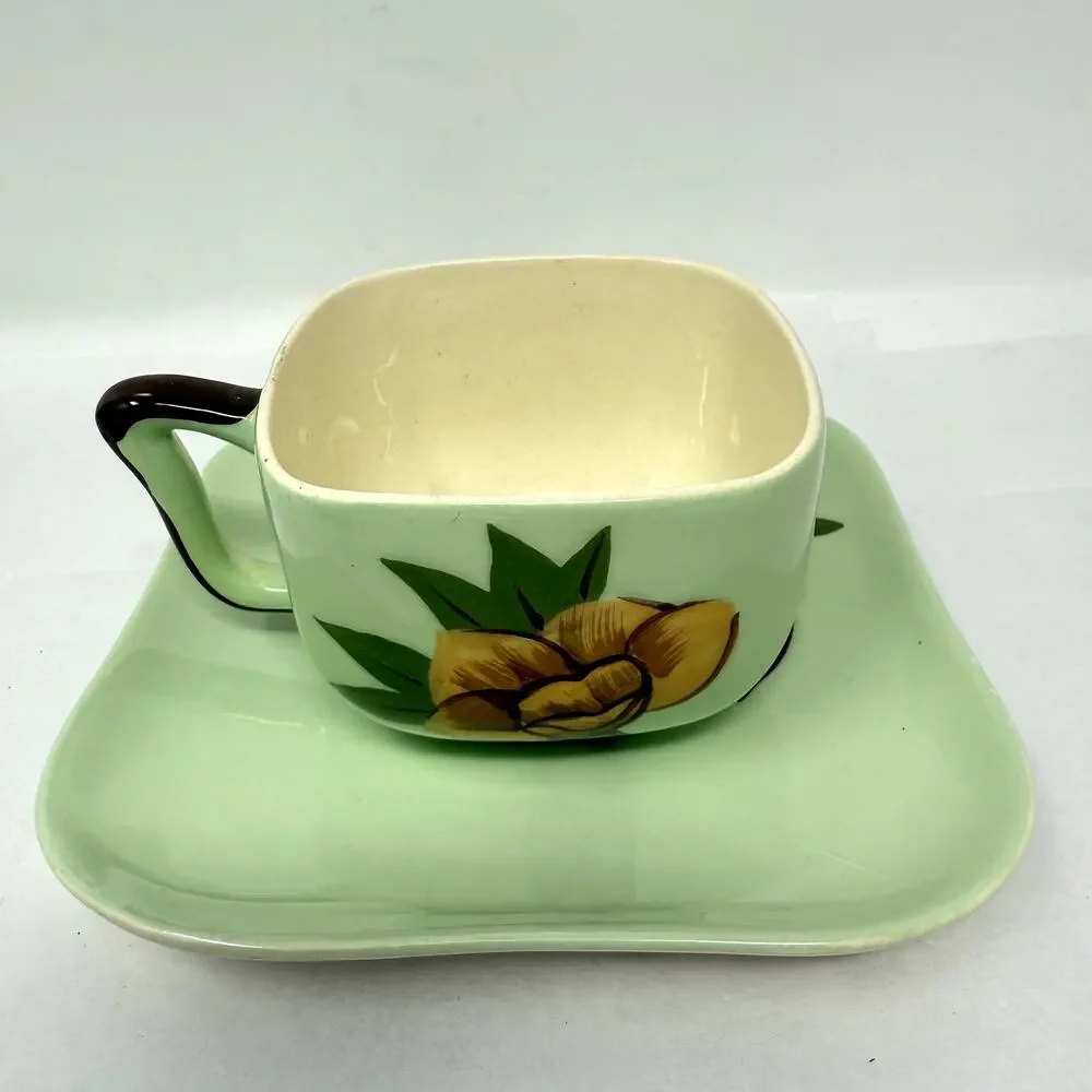 Weil Ware California Pottery Cup & Plate Set Hand Decorated Bamboo Lotus Vintage
